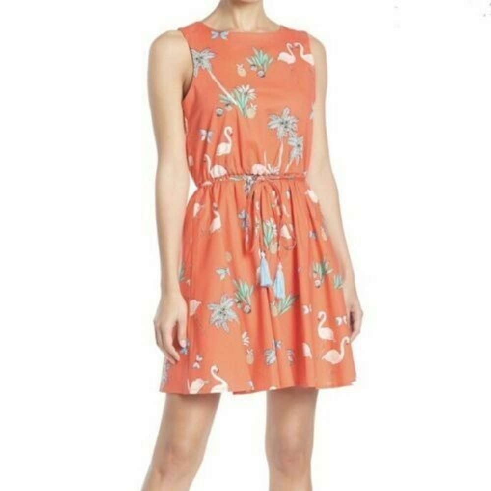 Bailey Blue Flamingo Palm‎ Tree Tie Waist Dress Size L A-Line Pink Back Cut Out